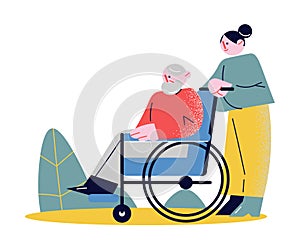 Young woman rolling whellchair helping elderly man to move outdoors