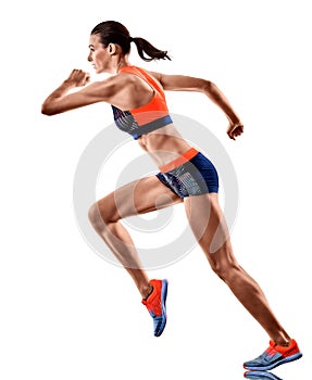 Young woman runner running jogger jogging athletics isolated white background