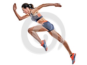 Young woman runner running jogger jogging athletics isolated white background
