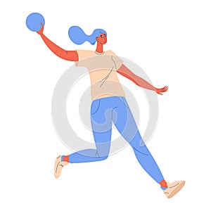 Young woman running with ball during dodgeball game isolated on white. Vector character happy and active