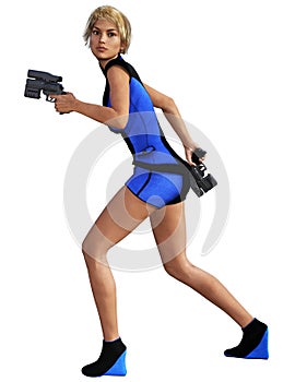 Young woman running, futuristic warrior armed with guns, 3d illustration