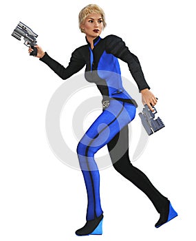 Young woman running, futuristic warrior armed with guns, 3d illustration