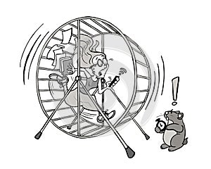 Young woman running out of time in her hamster wheel job in black and white