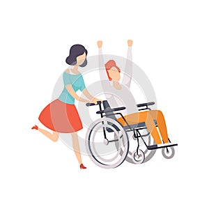 Young woman running and pushing wheelchair with happy disabled man, girl supporting her friend, handicapped person