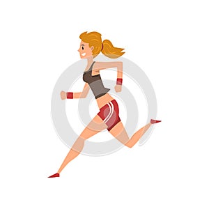 Young woman running in sportswear, active healthy lifestyle concept cartoon vector Illustration on a white background