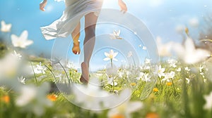 Young woman runnung on a meadow with flowers in the spring.