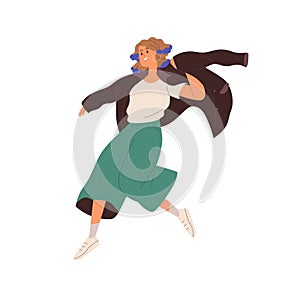 Young woman rushing, hurrying, putting on clothes on the go. Modern active busy girl running, moving fast. Hectic happy