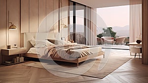 Young woman's bedroom, elegant, in dark beige tones, with gold and wooden touches