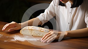 young woman\'s hand hovers over a slice of white bread on a chopping board during a meal at home, AI generated