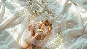 Young woman s hands holding delicate flowers on white sheet in morning sunlight with a soft haze