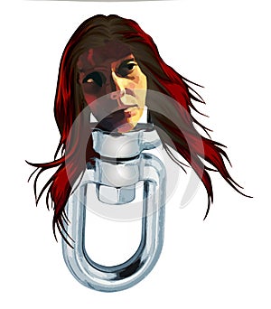 A young woman\'s head is seen on a metal swivel as in the idiom having your head on a swivel photo