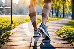 Young woman\'s legs in a city park at sunrise