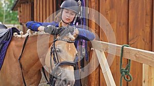 a young woman& x27;s stable jockey with a helmet prepares a brown horse