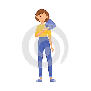 Young Woman with Sad Face Standing and Holding Happy Mask in Her Hands Vector Illustration