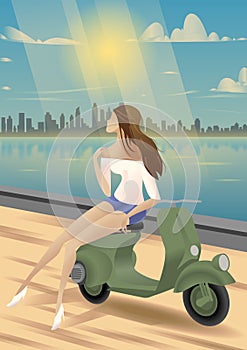 Young Woman on a scooter. Happy riding together. retro illustration