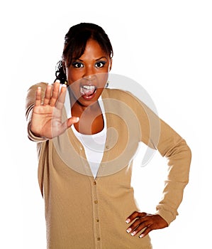 Young woman screaming and giving the high
