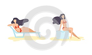 Young Woman at Sea Shore Sitting at Travel Suitcase and Lounging on Deckchair Vector Set