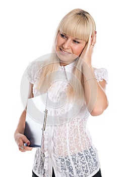 Young woman secretary with a tablet for writing looking to the side