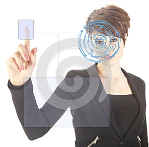 Young woman with security iris and fingerprint scan isolated