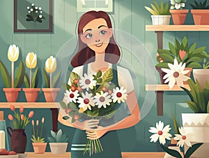 Young woman selling flowers in flower shop. Flat illustration for web