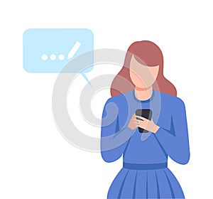 Young Woman Sending Text Message on her Smartphone, Social Distancing or Self Isolation Concept Flat Vector Illustration