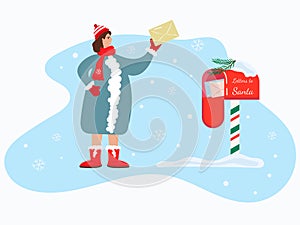A young woman sends a letter. Mailbox to Santa Claus. Christmas and New Year card. Vector illustration
