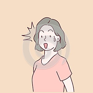 Young woman is shocked and surprised. Emotional facial expression concept. Hand drawn