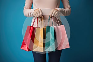 Young woman with shopping bags on color background, closeup. Black Friday sale, Female hand holding many colorful shopping bags on