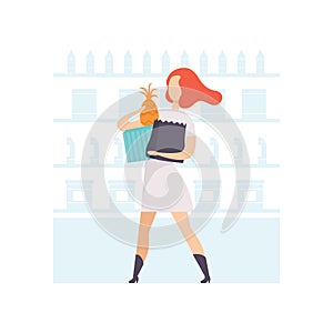 Young woman with shopping bags, girl shopping at supermarket vector Illustration on a white background