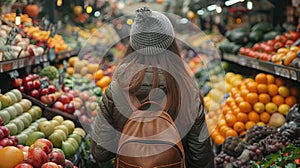 Young woman shopping for fresh produce at an indoor fruit market