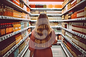 Young woman shopping in a supermarket. Generative ai design concept