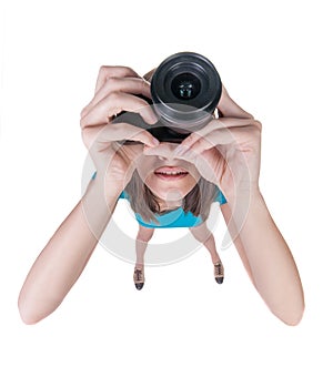 Young woman in shorts photographed something compact camera.