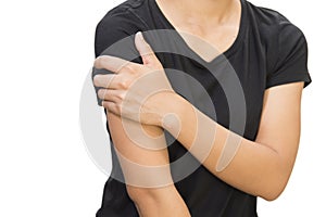 A young woman with shoulder pain on white background