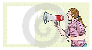 Young woman shouted at the megaphone is illustrations cartoon vector use for various articlesm, for women`s financial and legal