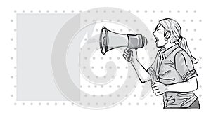 Young woman shouted at the megaphone is illustrations cartoon vector use for various articlesm, for women`s financial and legal