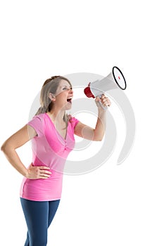 Young woman shouting into bullhorn