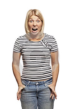 Young woman shouting, isolated on white background