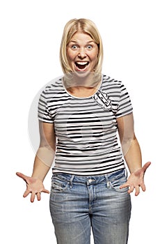 Young woman shouting, isolated on white background