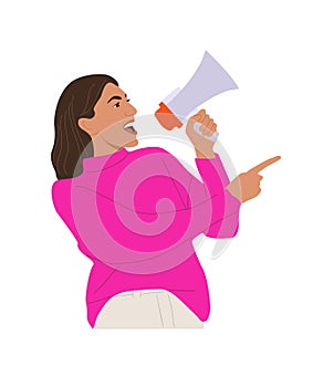 Young woman shouting through megaphone vector art.