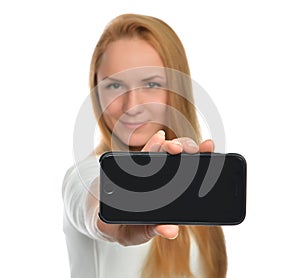 Young woman show display of mobile cell phone with black screen