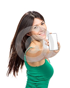 Young woman show display of mobile cell phone with black screen