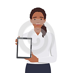 Young woman showing blank tablet pc monitor for Copy Space