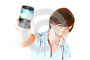 Young woman showing cellphone cut out