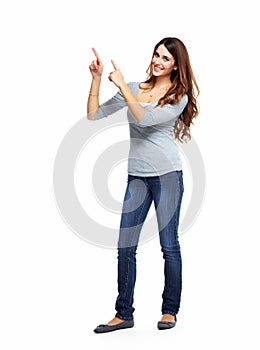 Young woman showing a copyspace.