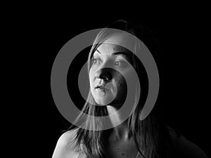 Young Woman Showing Expresion Black & White Isolated