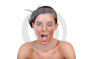 Young woman showing funny grimace - isolated photo