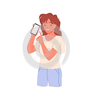Young woman showing in hands mobile phone with empty screen, funny girl pointing