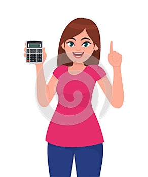Young woman showing, holding calculator and pointing finger up. Trendy girl gesturing hand. Female character design illustration.
