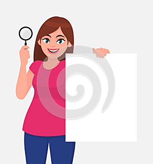 Young woman showing magnifying glass. Girl holding blank white poster, banner, placard. Female character design illustration.