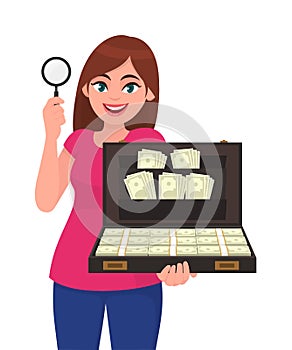 Young woman showing magnifying glass. Girl holding briefcase full of cash, money, currency notes. Female character design.
